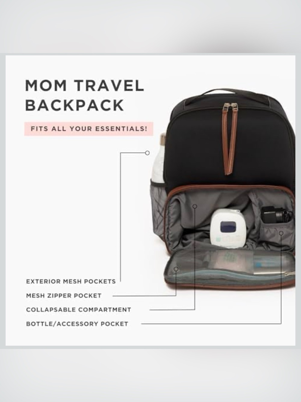 Freshly Picked Black Neoprene and Brown Vegan Leather Mom Travel Backpack - Picture 11 of 14